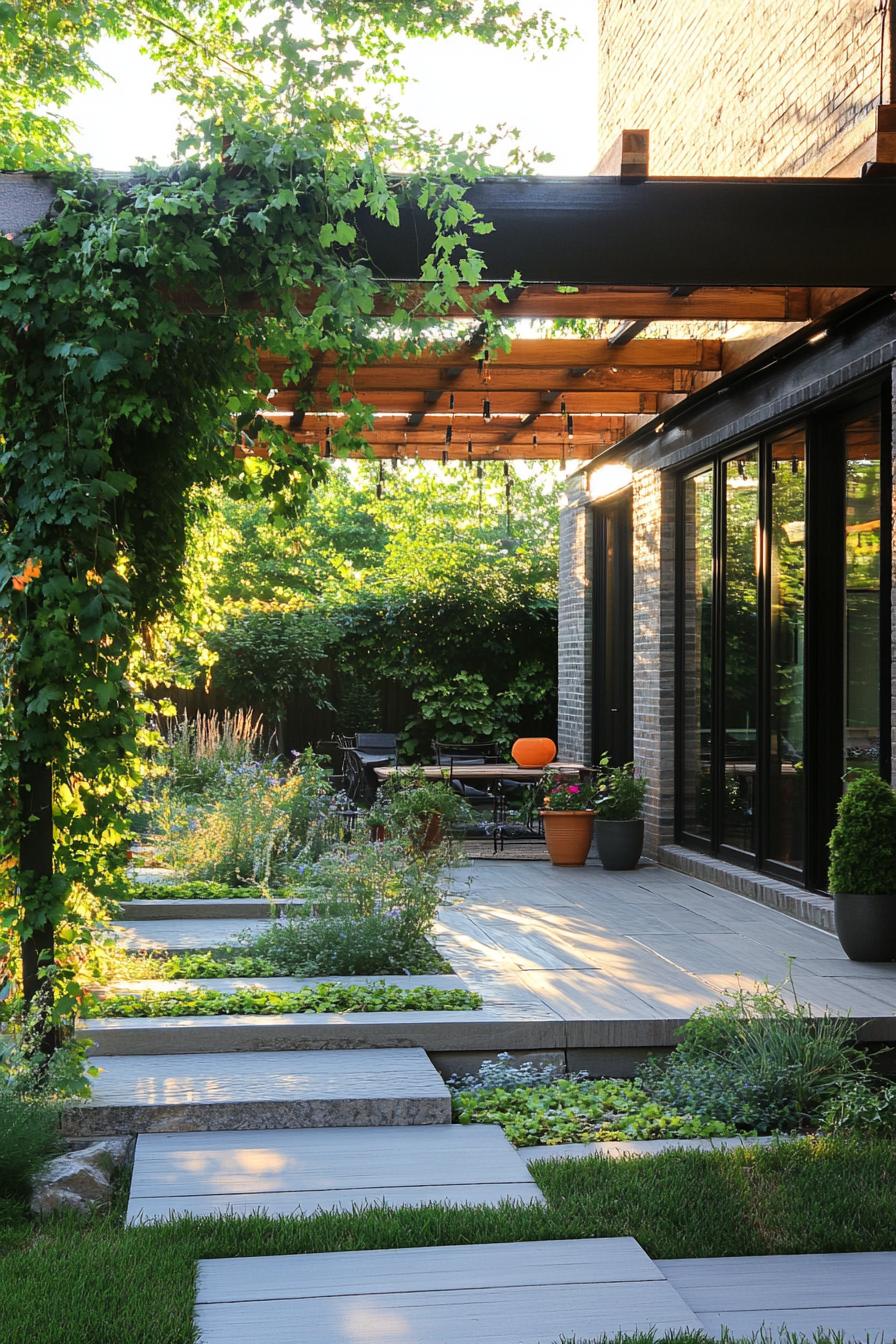 patio of a modern house with pergola roof with vines stone garden beds potted plants 1