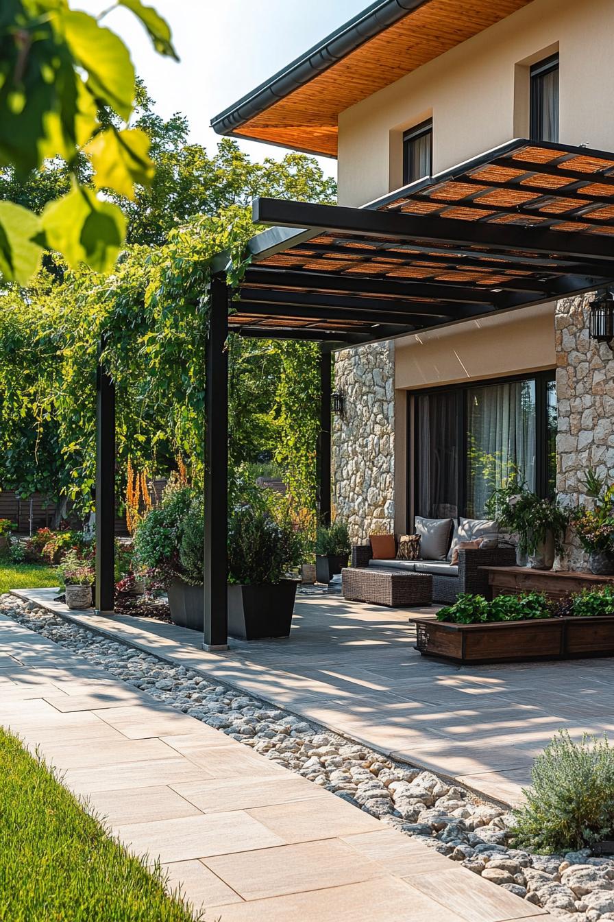 patio of a modern house with pergola roof with vines stone garden beds potted plants