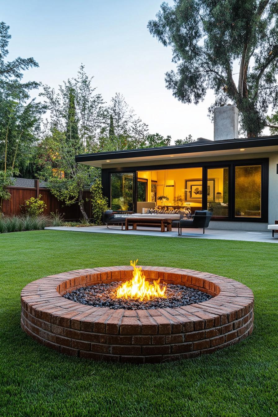 round brick firepit area in backyard with green grass in front of a modern cottage 1