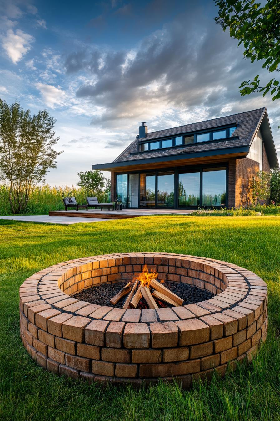 round brick firepit area in backyard with green grass in front of a modern cottage 2