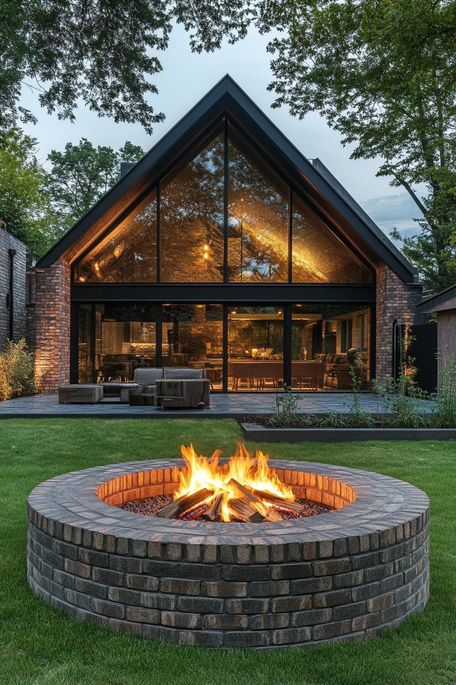 round brick firepit area in backyard with green grass in front of a modern cottage 3