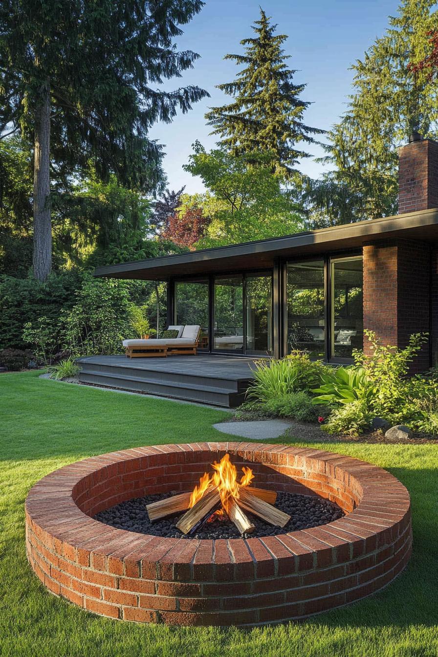 round brick firepit area in backyard with green grass in front of a modern cottage