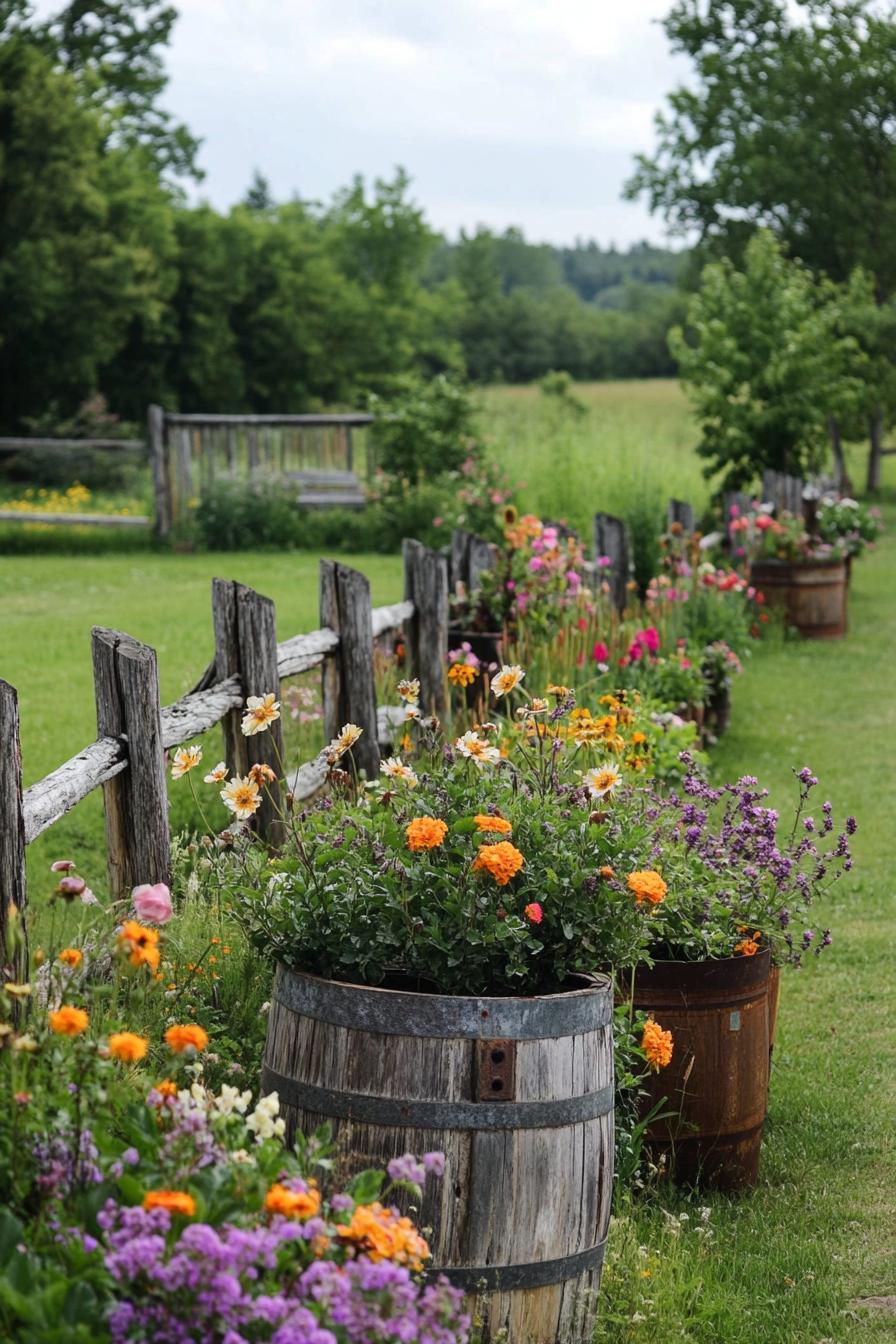 rustic country garden with wooden fences flower bushes flower planters in galvanized barrels tall grass and young trees in the background 1