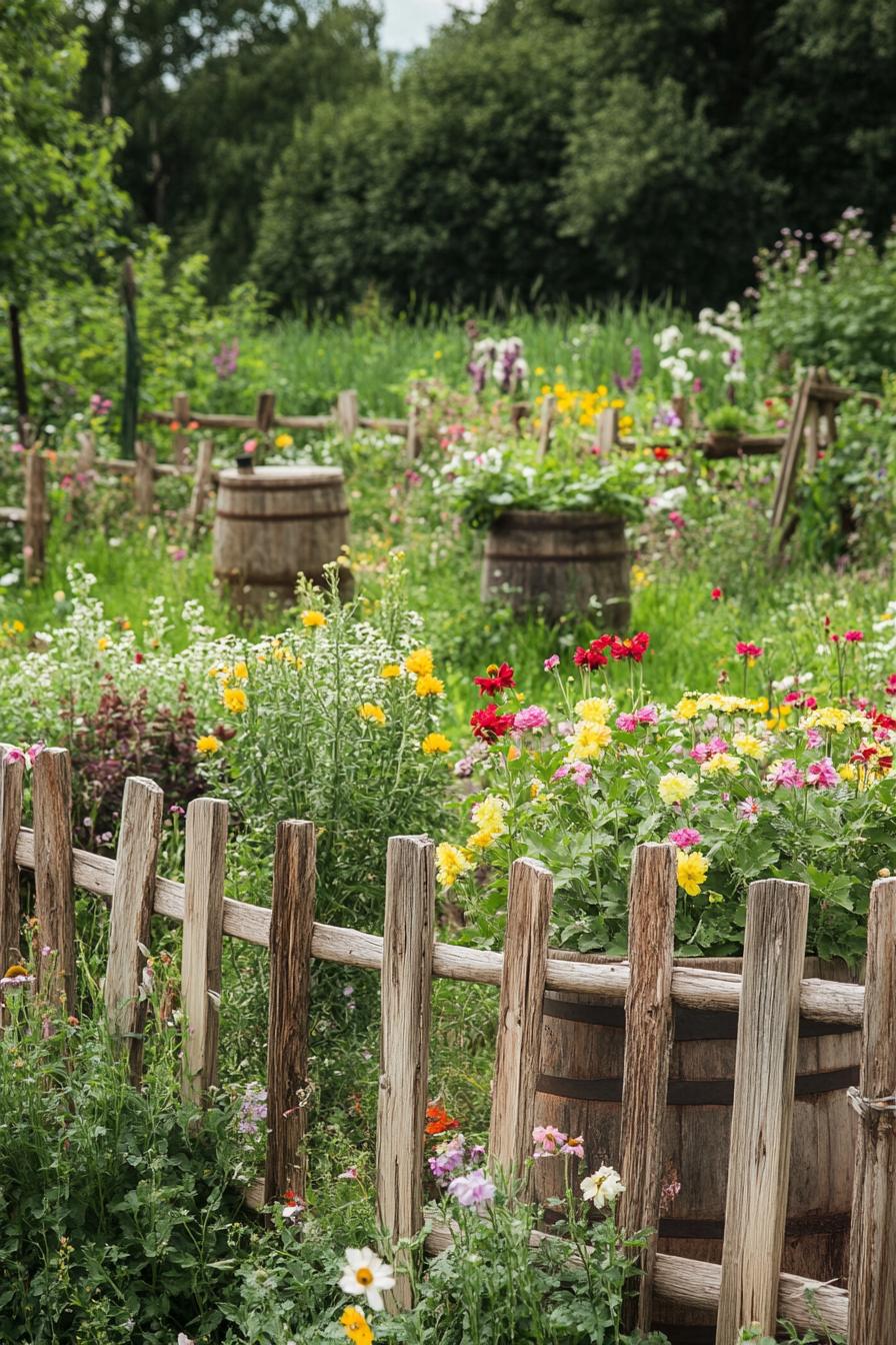 rustic country garden with wooden fences flower bushes flower planters in galvanized barrels tall grass and young trees in the background