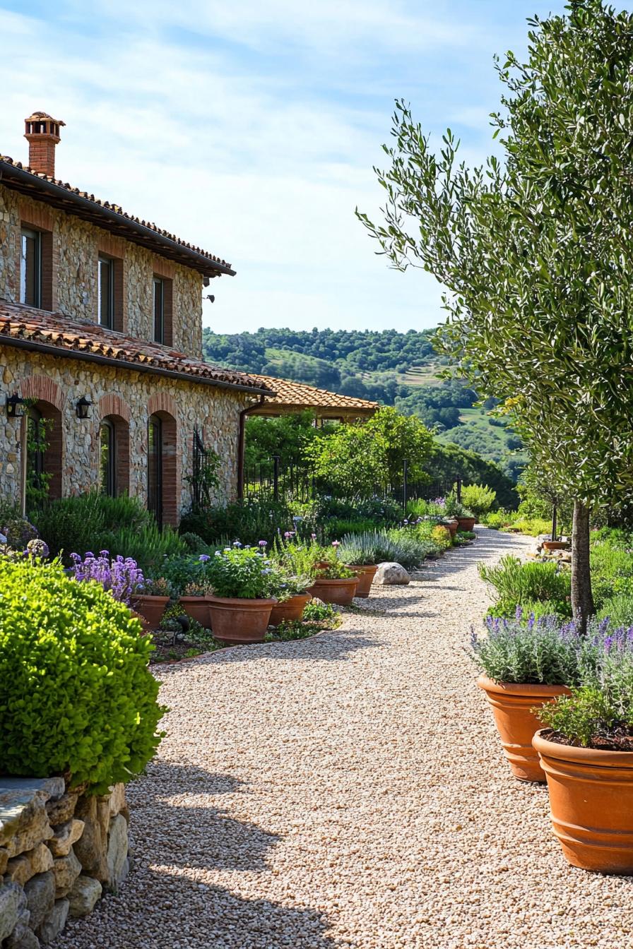 tuscan garden with gravel paths potted plants along a tuscan villa wall native plants and trees in organized landscape layout 1