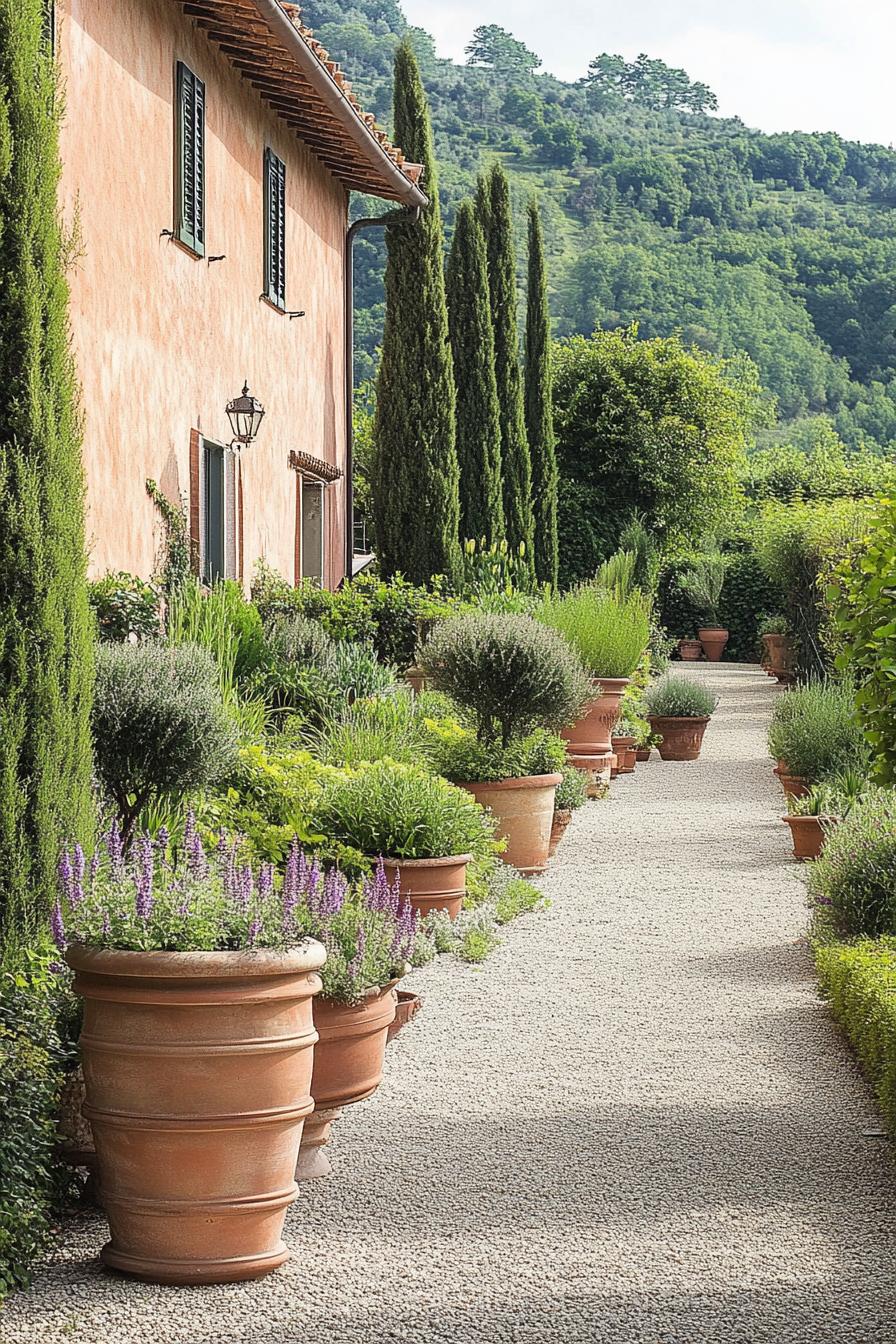 tuscan garden with gravel paths potted plants along a tuscan villa wall native plants and trees in organized landscape layout 2