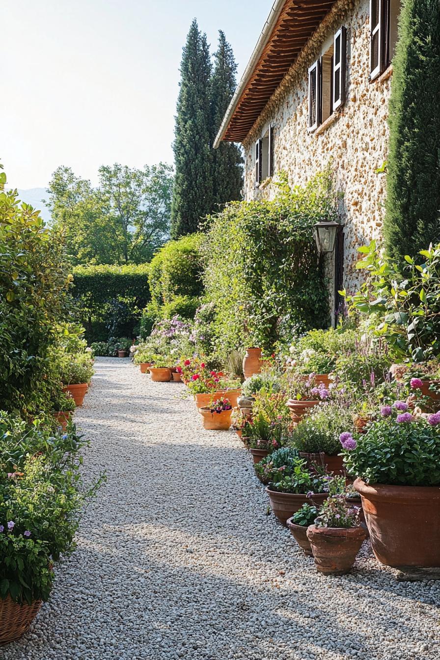 tuscan garden with gravel paths potted plants along a tuscan villa wall native plants and trees in organized landscape layout 3