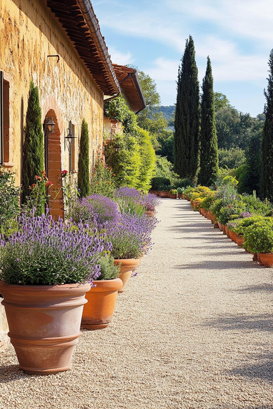 tuscan garden with gravel paths potted plants along a tuscan villa wall native plants and trees in organized landscape layout