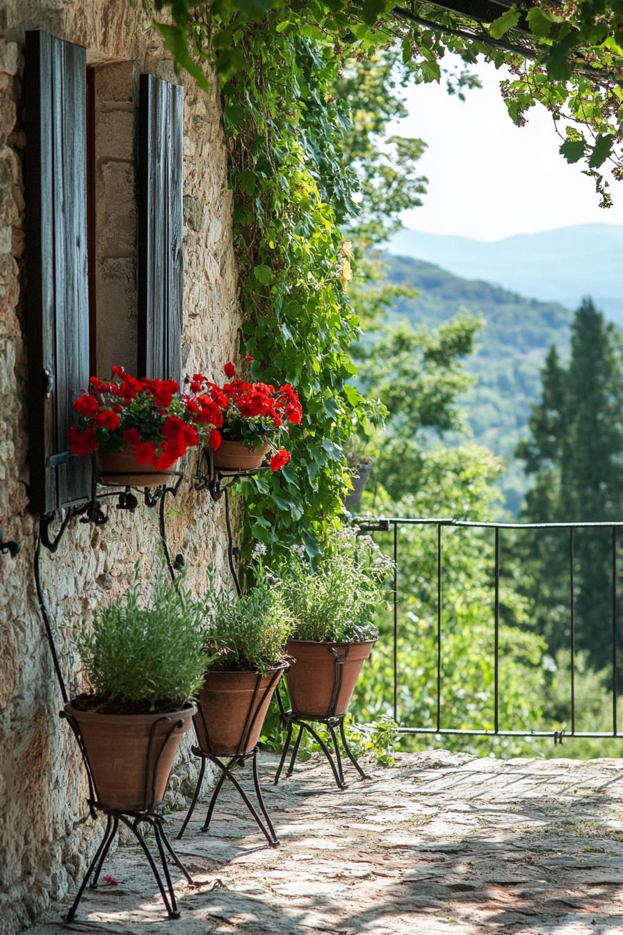 tuscan garden with potted plants in iron holders 1