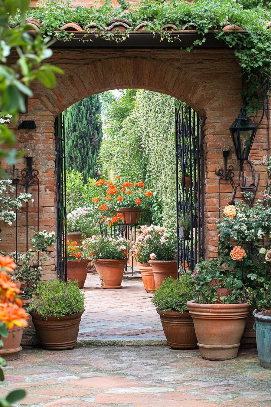 tuscan garden with potted plants in iron holders