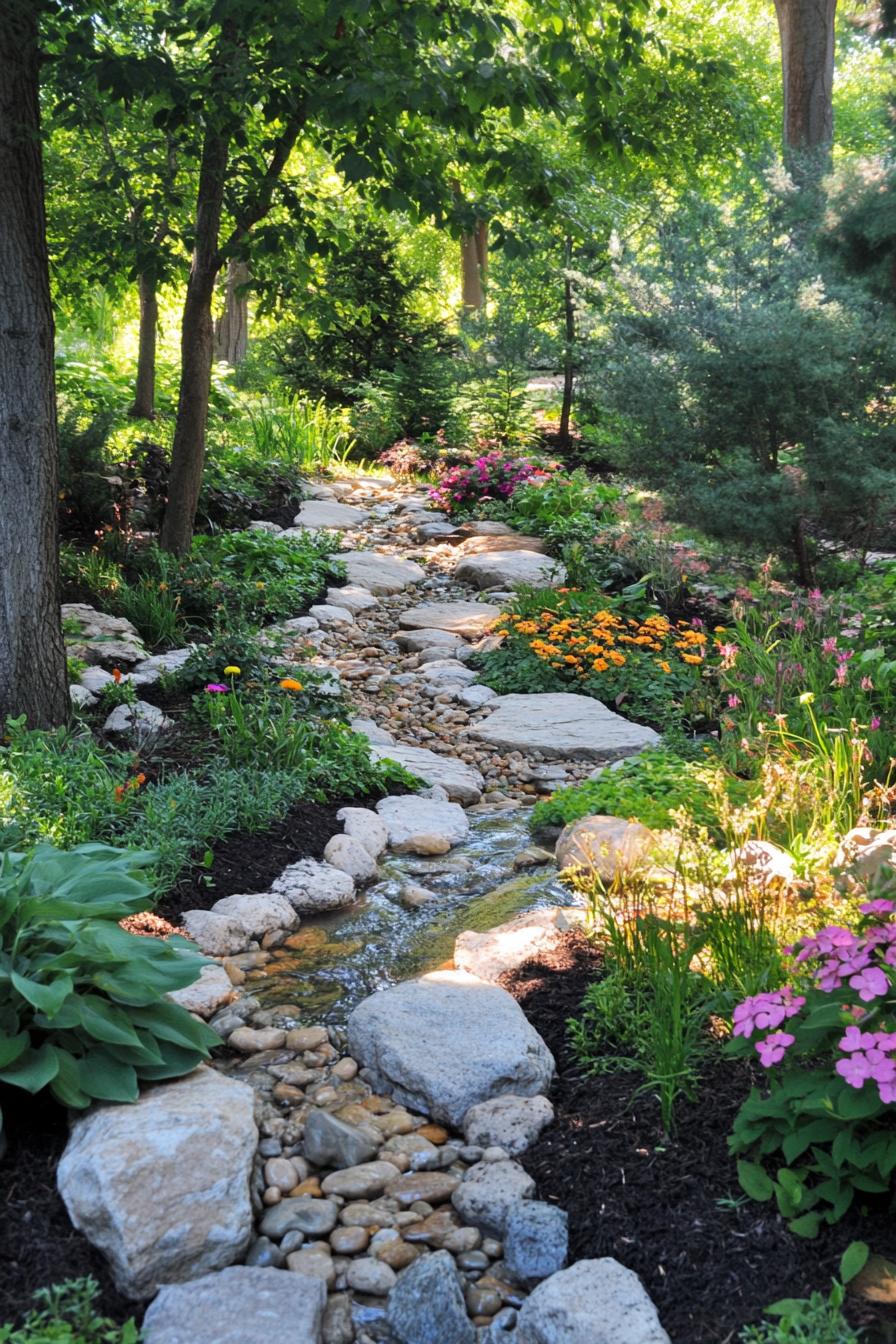 backyard garden with rock river paths