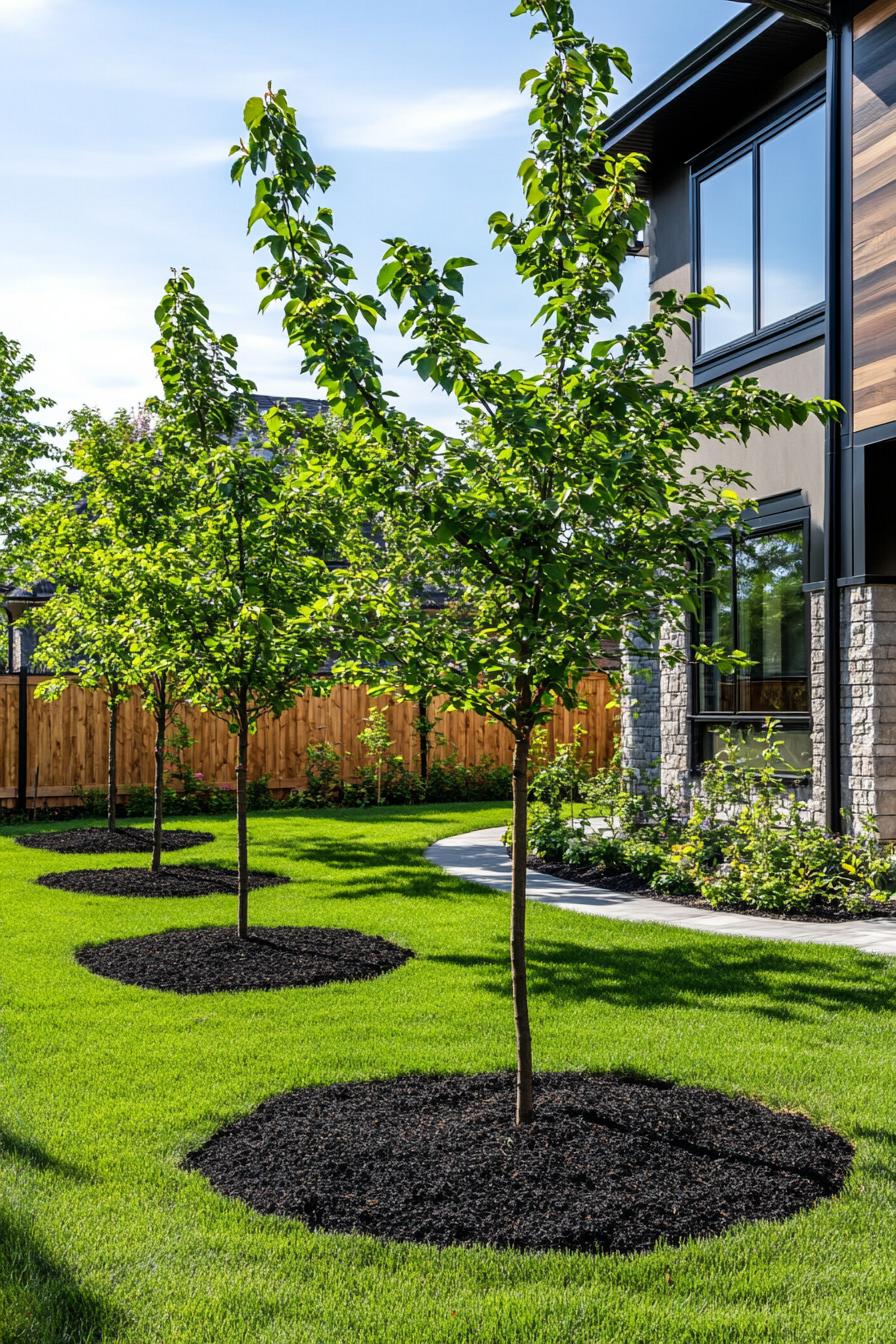 backyard orchard garden with young trees symmetrically planted on green lawn in dark mulch circles a modern house and backyard fence is visible