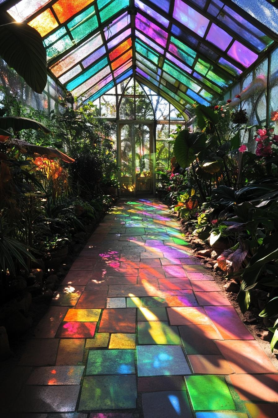 inside a colored stained mosaic glass greenhouse the light plays with color on the paved path between plants