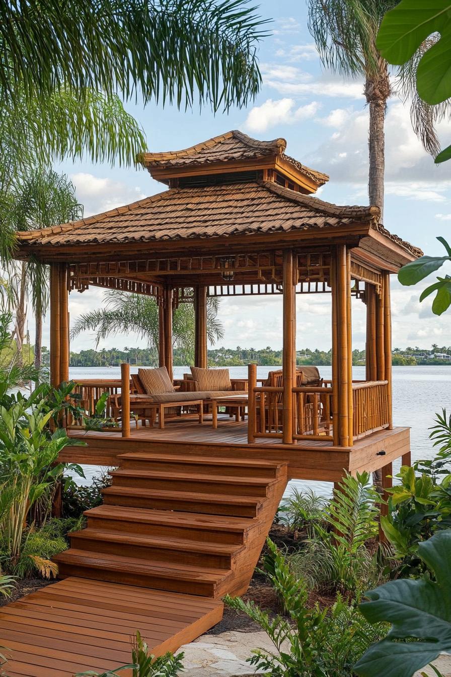 lakeside bamboo gazebo with columns and chinese style roof elevated wooden deck with steps inside are wooden furniture tall palm trees around 1