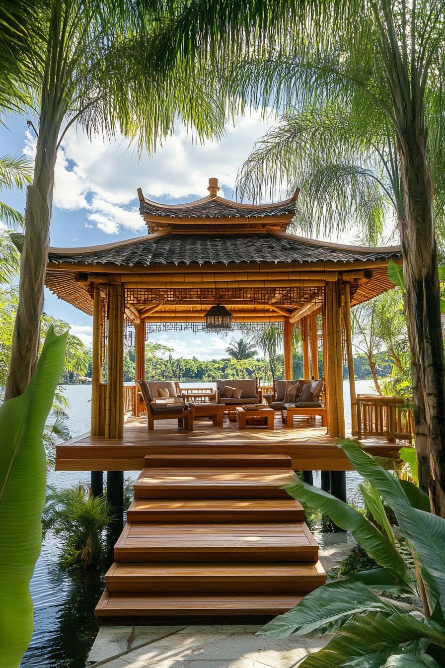 lakeside bamboo gazebo with columns and chinese style roof elevated wooden deck with steps inside are wooden furniture tall palm trees around 2