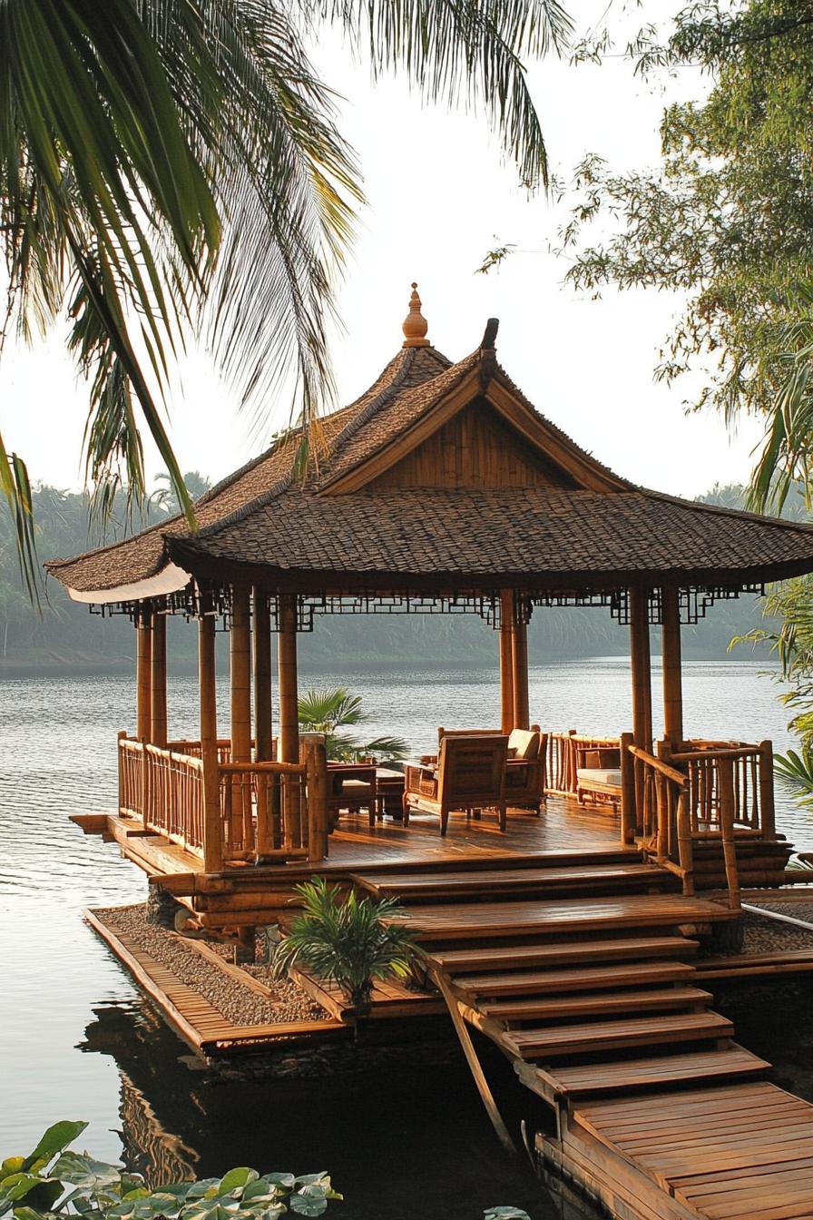 lakeside bamboo gazebo with columns and chinese style roof elevated wooden deck with steps inside are wooden furniture tall palm trees around 3