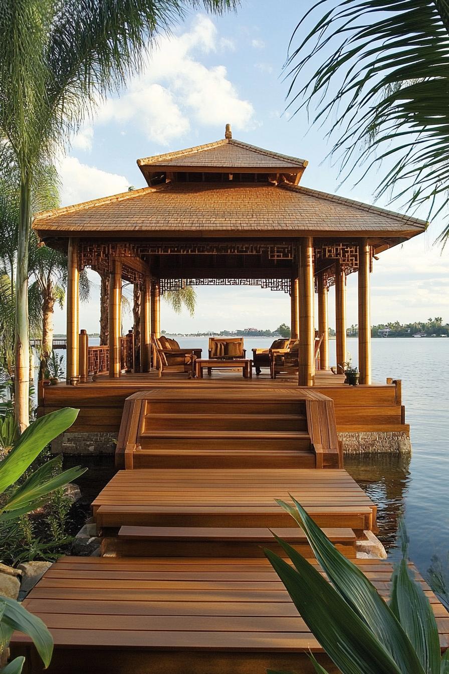 lakeside bamboo gazebo with columns and chinese style roof elevated wooden deck with steps inside are wooden furniture tall palm trees around