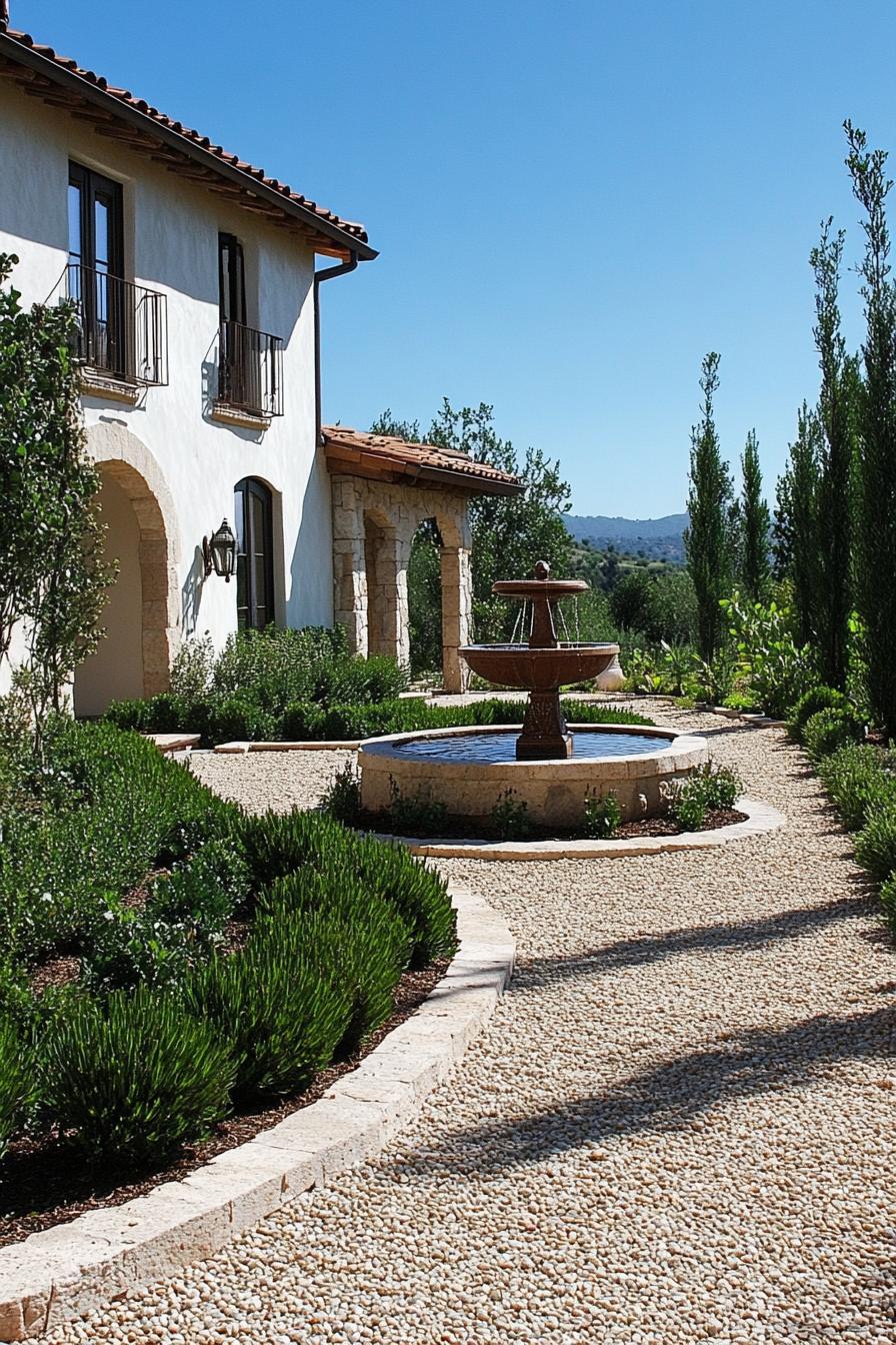 mediterranean landscaping with gravel and geometric shrubs geometric layout theres a small drinking fountain a mediterranean villa can be seen at 1