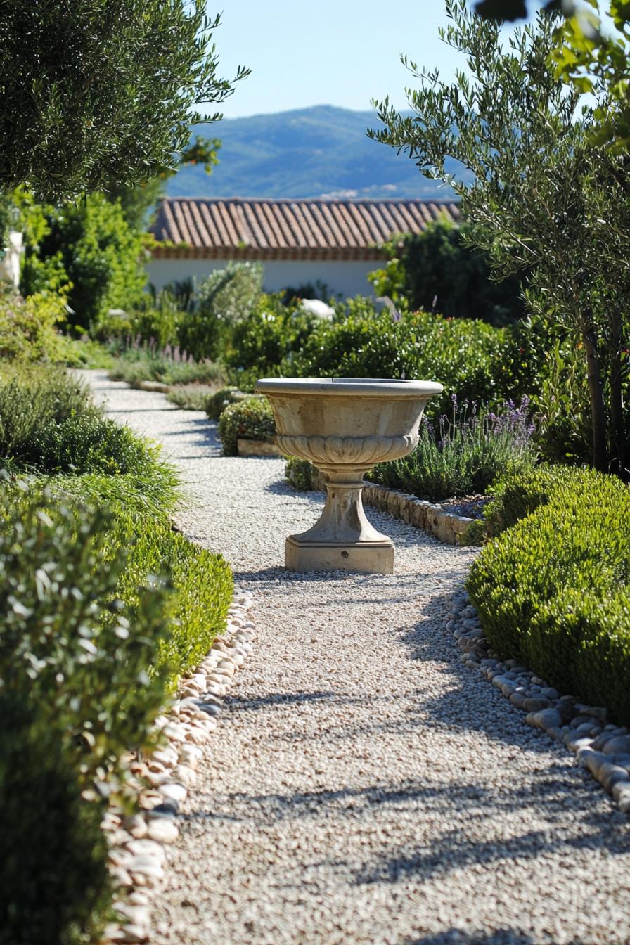 mediterranean landscaping with gravel and geometric shrubs geometric layout theres a small drinking fountain a mediterranean villa can be seen at 2