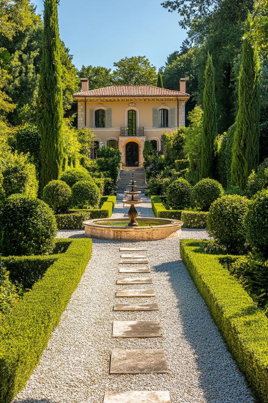 mediterranean landscaping with gravel and geometric shrubs geometric layout theres a small drinking fountain a mediterranean villa can be seen at 3