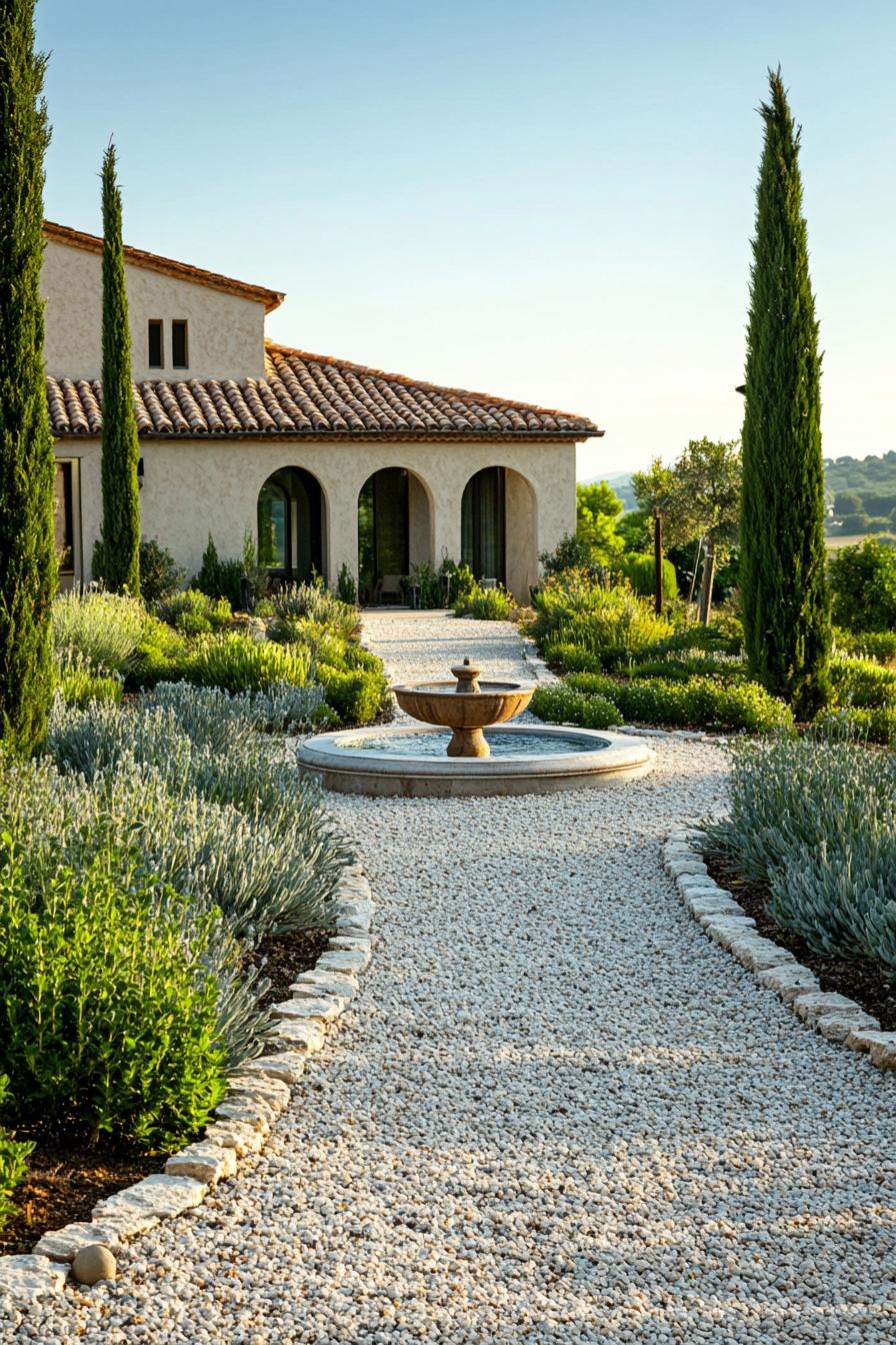 mediterranean landscaping with gravel and geometric shrubs geometric layout theres a small drinking fountain a mediterranean villa can be seen at