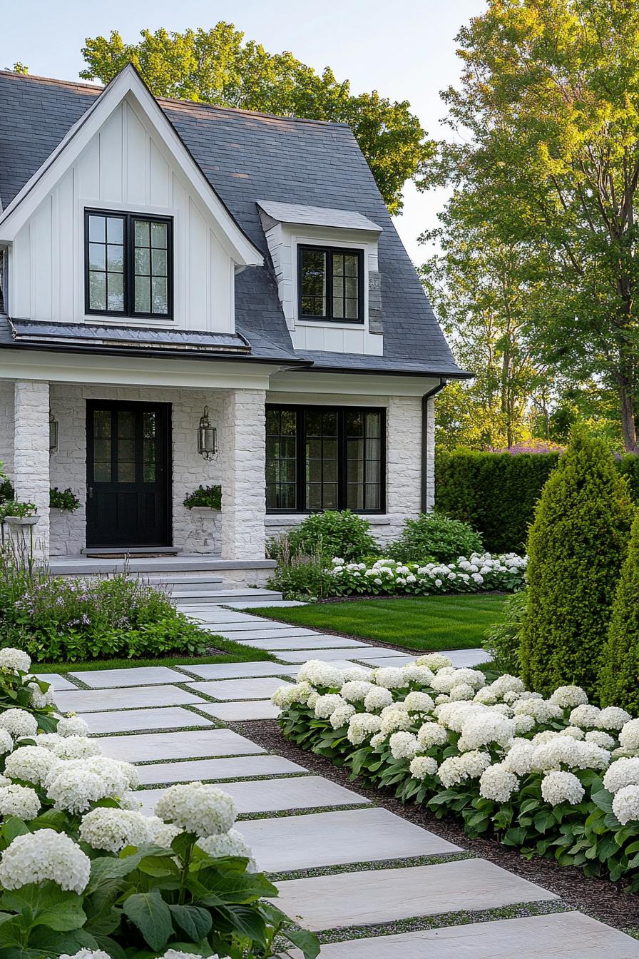 modern cottage house front yard paved with paths and geometric layout of white hydrangea beds 1