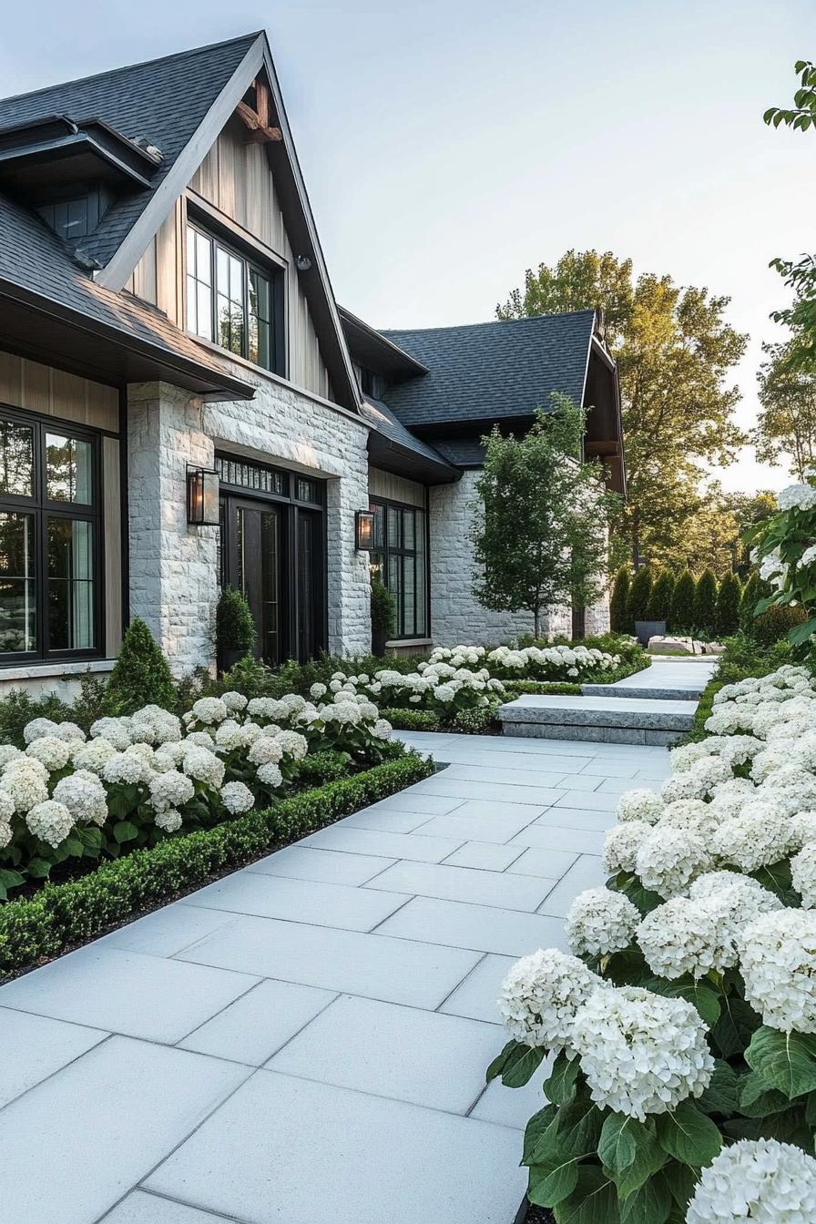 modern cottage house front yard paved with paths and geometric layout of white hydrangea beds 2