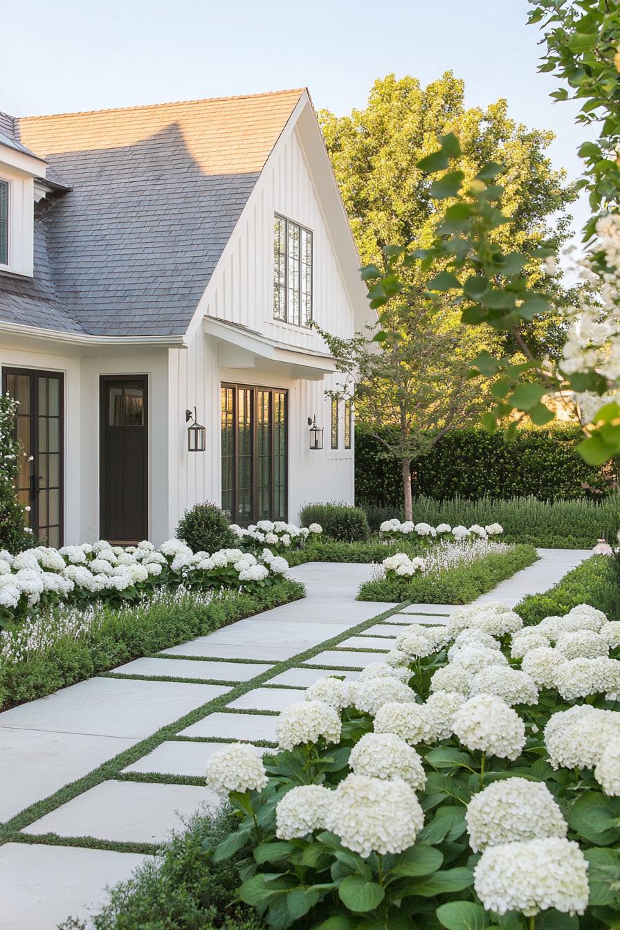 modern cottage house front yard paved with paths and geometric layout of white hydrangea beds 3