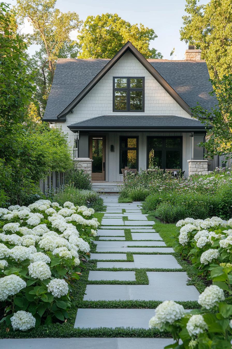 modern cottage house front yard paved with paths and geometric layout of white hydrangea beds