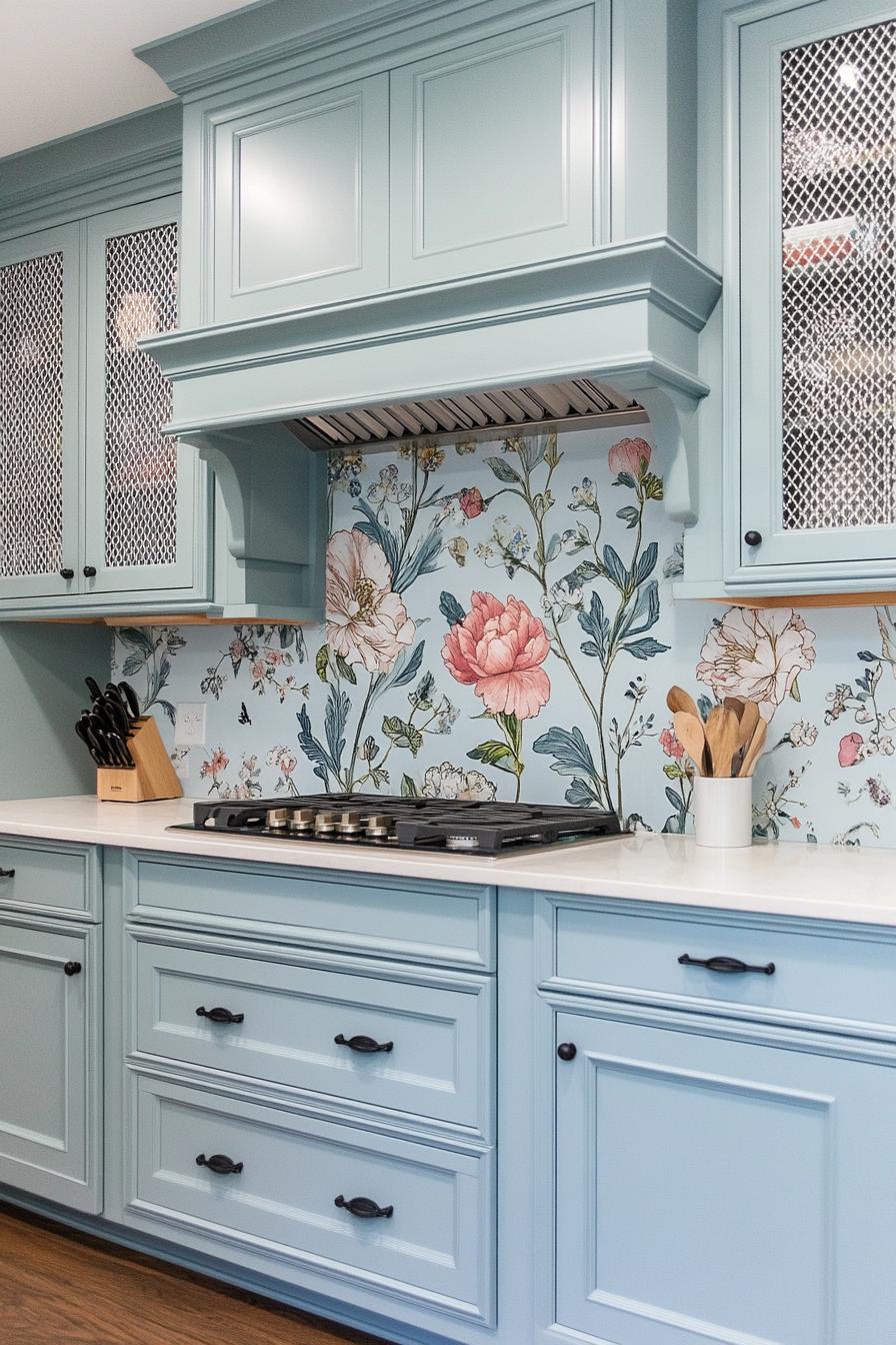 modern farmhouse kitchen with pastel greyish baby blue cabinets with upper cabinet doors with mesh panels floral pattern backsplash 1