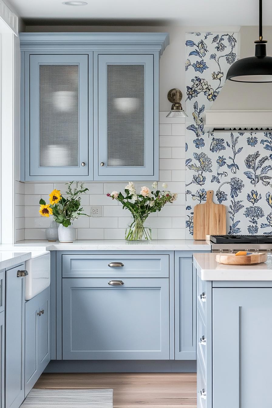 modern farmhouse kitchen with pastel greyish baby blue cabinets with upper cabinet doors with mesh panels floral pattern backsplash 2