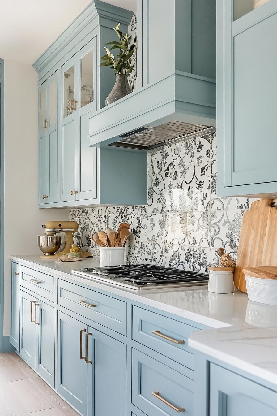 modern farmhouse kitchen with pastel greyish baby blue cabinets with upper cabinet doors with mesh panels floral pattern backsplash 3