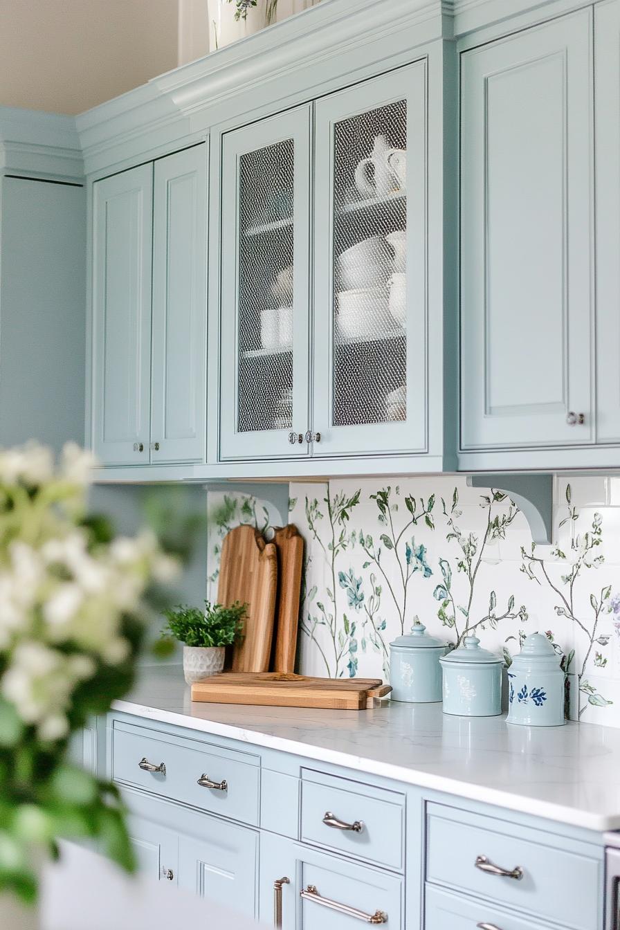 modern farmhouse kitchen with pastel greyish baby blue cabinets with upper cabinet doors with mesh panels floral pattern backsplash