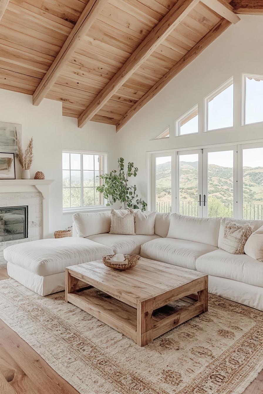 modern farmhouse living room with white walls vaulted natural wood ceiling harwood floor boho area rug wooden coffee table creamy sectional sofa 1