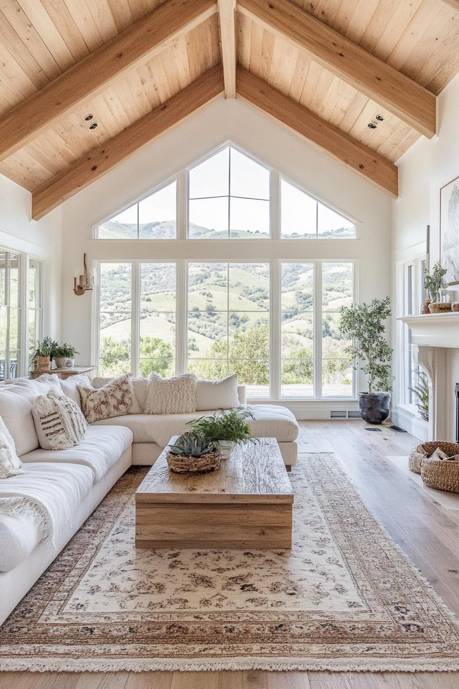 modern farmhouse living room with white walls vaulted natural wood ceiling harwood floor boho area rug wooden coffee table creamy sectional sofa 2