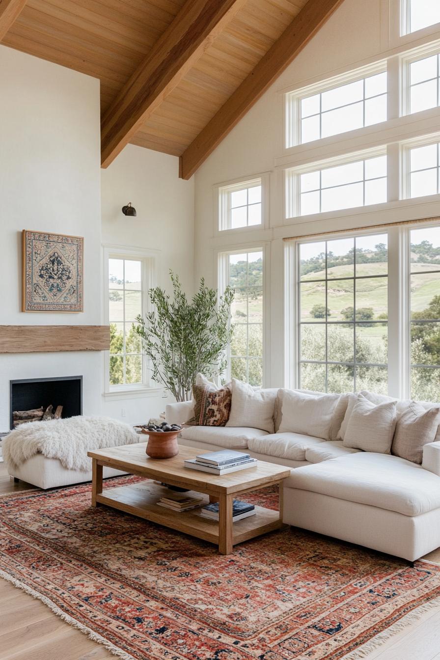 modern farmhouse living room with white walls vaulted natural wood ceiling harwood floor boho area rug wooden coffee table creamy sectional sofa