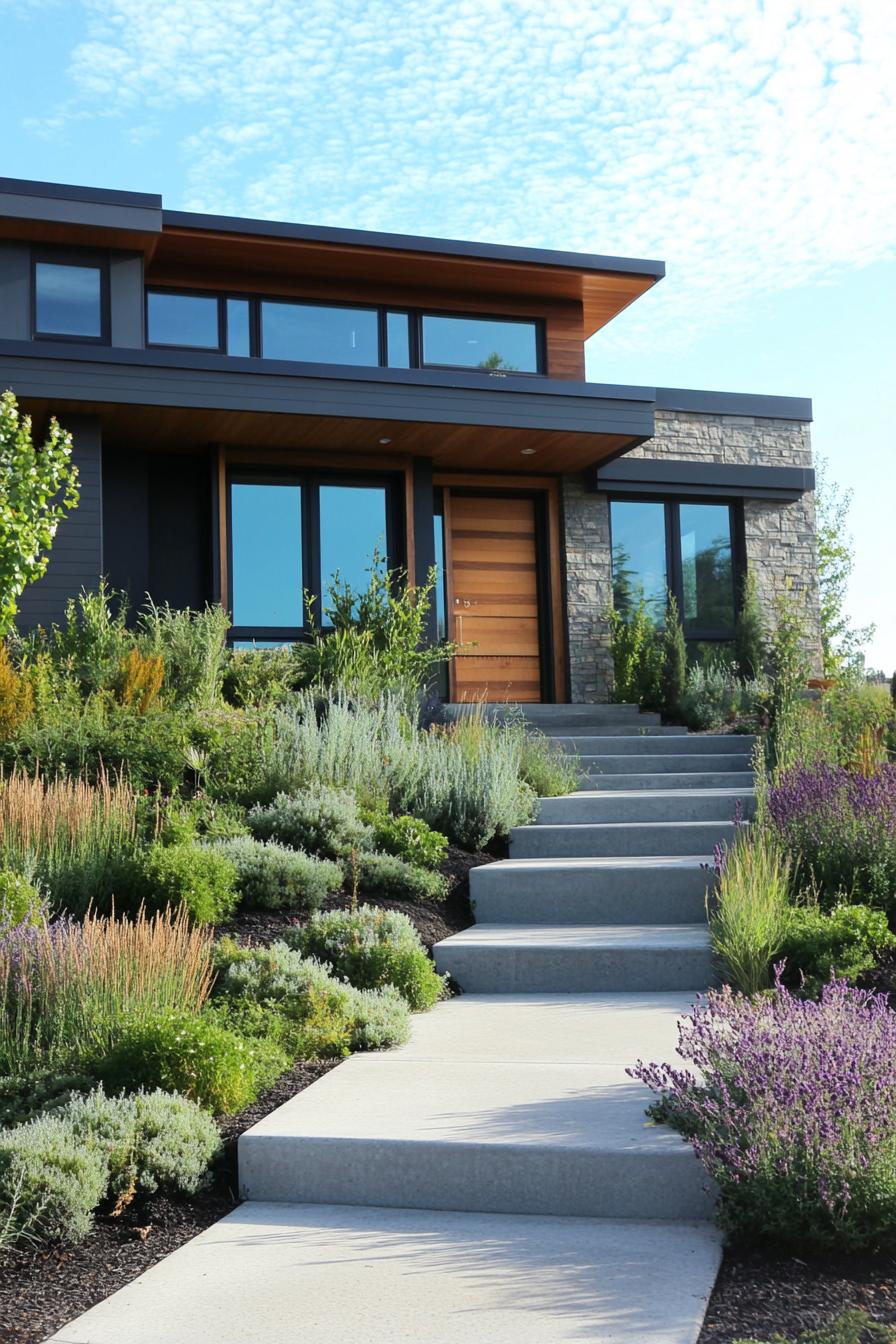 modern house front yard with edible berry bush shrubs