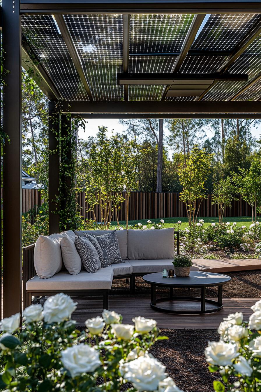 modern steel pergola with a solar panel on top underneath a loveseath with cushions small round table deck lined with dark mulch and white rose 1