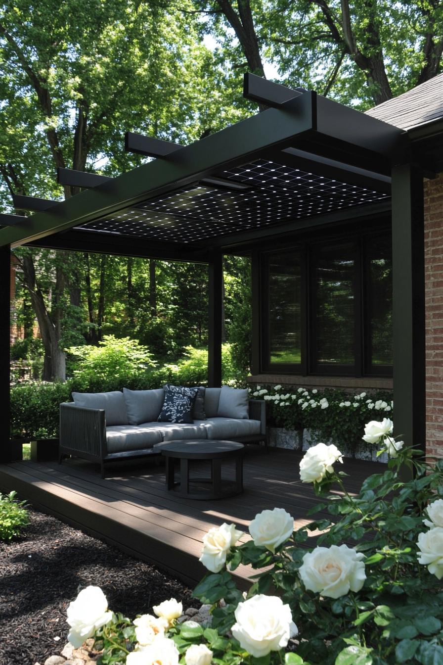 modern steel pergola with a solar panel on top underneath a loveseath with cushions small round table deck lined with dark mulch and white rose 2