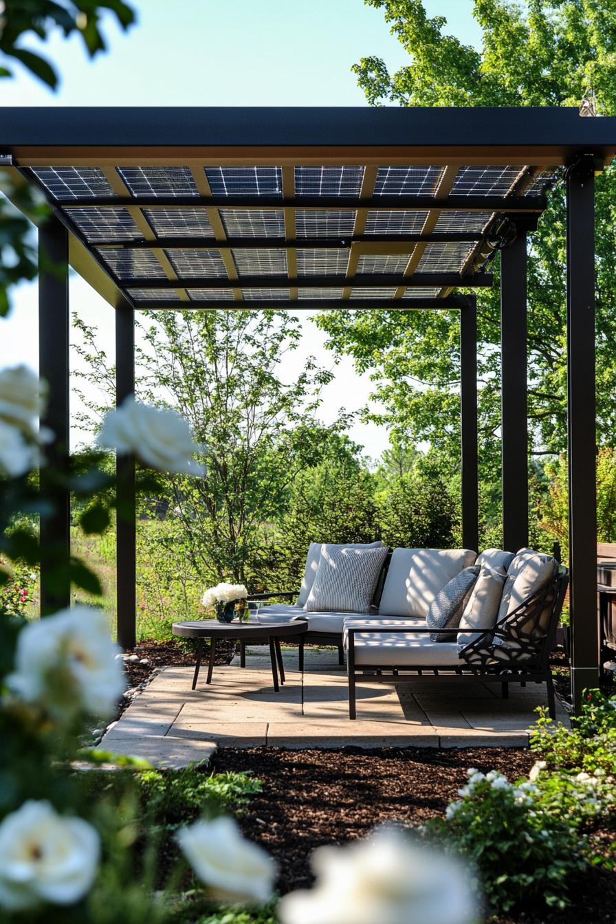 modern steel pergola with a solar panel on top underneath a loveseath with cushions small round table deck lined with dark mulch and white rose 3