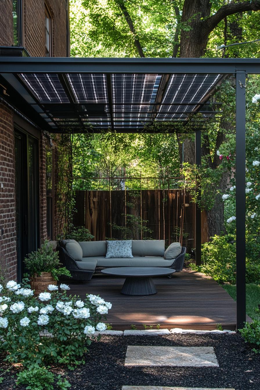 modern steel pergola with a solar panel on top underneath a loveseath with cushions small round table deck lined with dark mulch and white rose