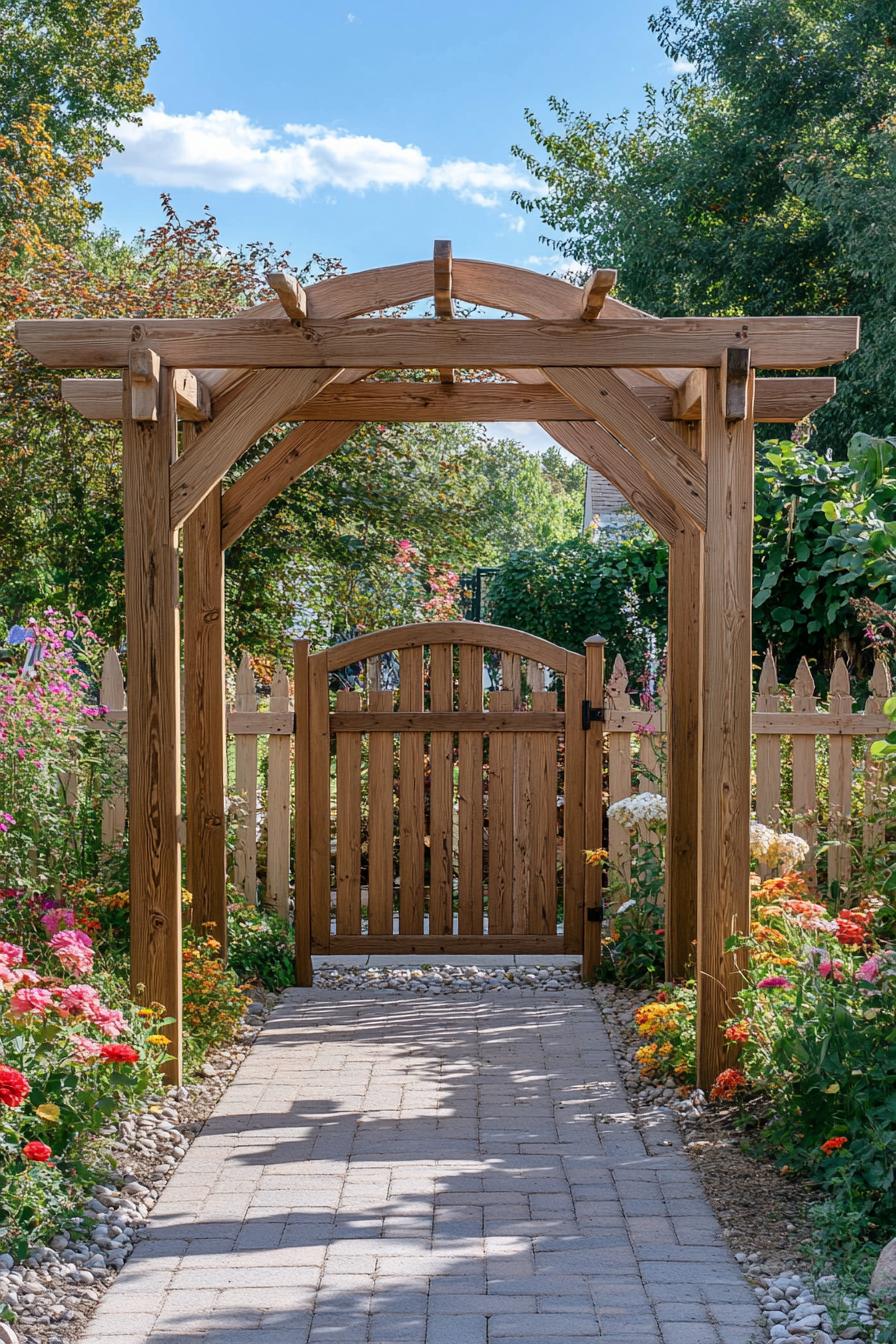 modern wooden gabled arbor with a gate modern wooden fence of a flower garden 1