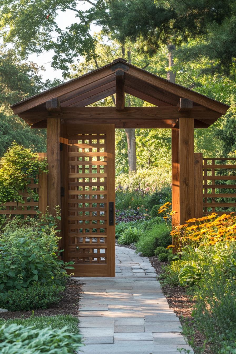 modern wooden gabled arbor with a gate modern wooden fence of a flower garden 2