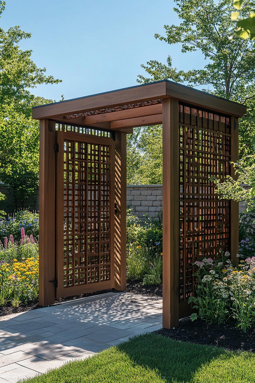 modern wooden gabled arbor with a gate modern wooden fence of a flower garden 3