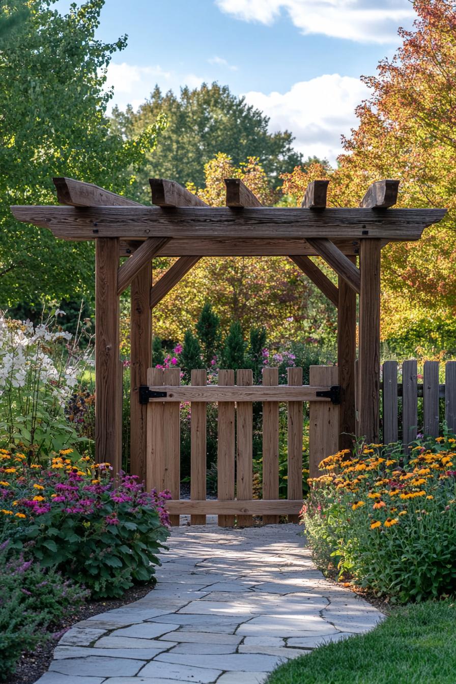 modern wooden gabled arbor with a gate modern wooden fence of a flower garden