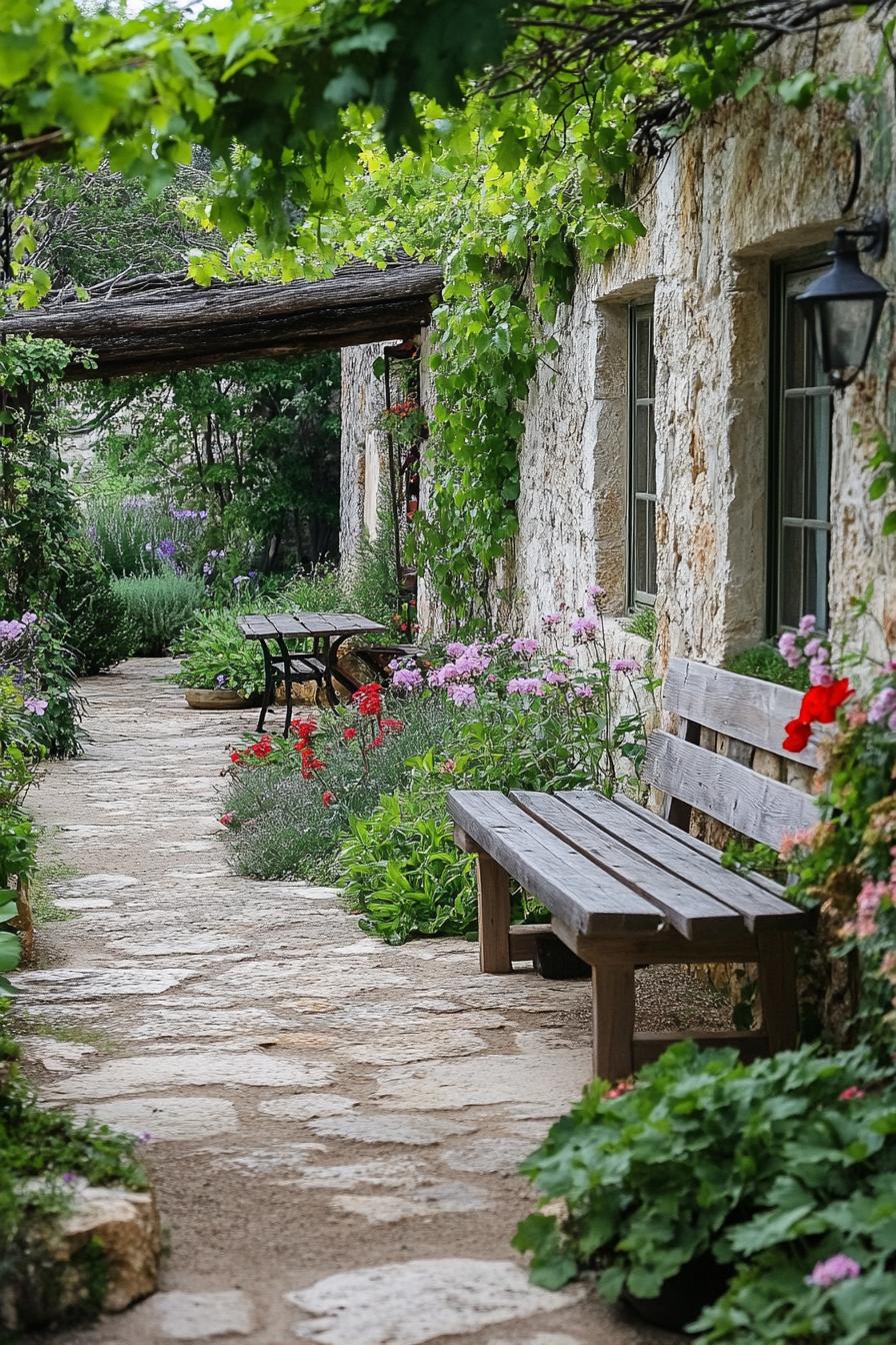 rustic country courtyard garden with rustic benches native flowers climber flowers on building walls stone path 1