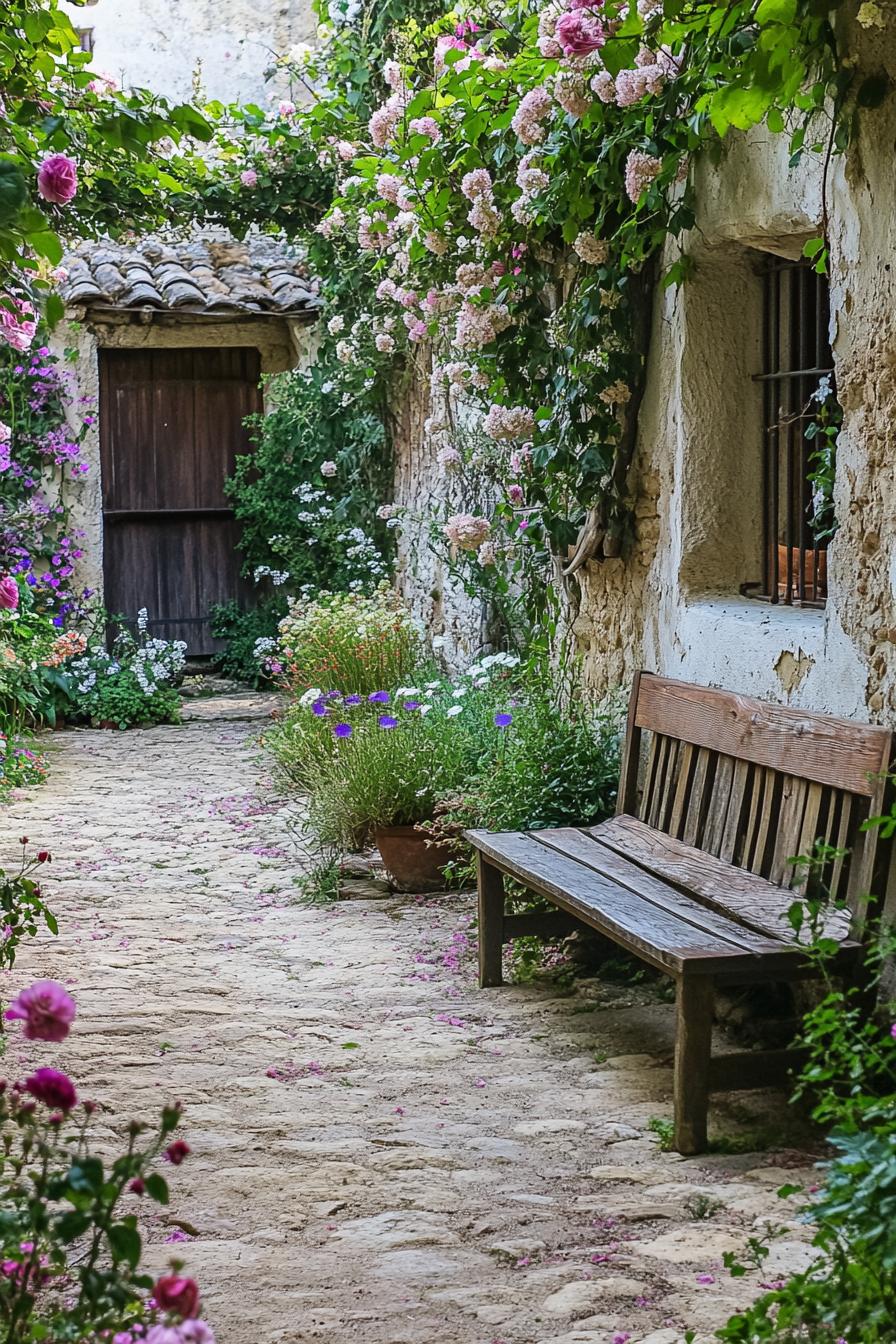 rustic country courtyard garden with rustic benches native flowers climber flowers on building walls stone path 2