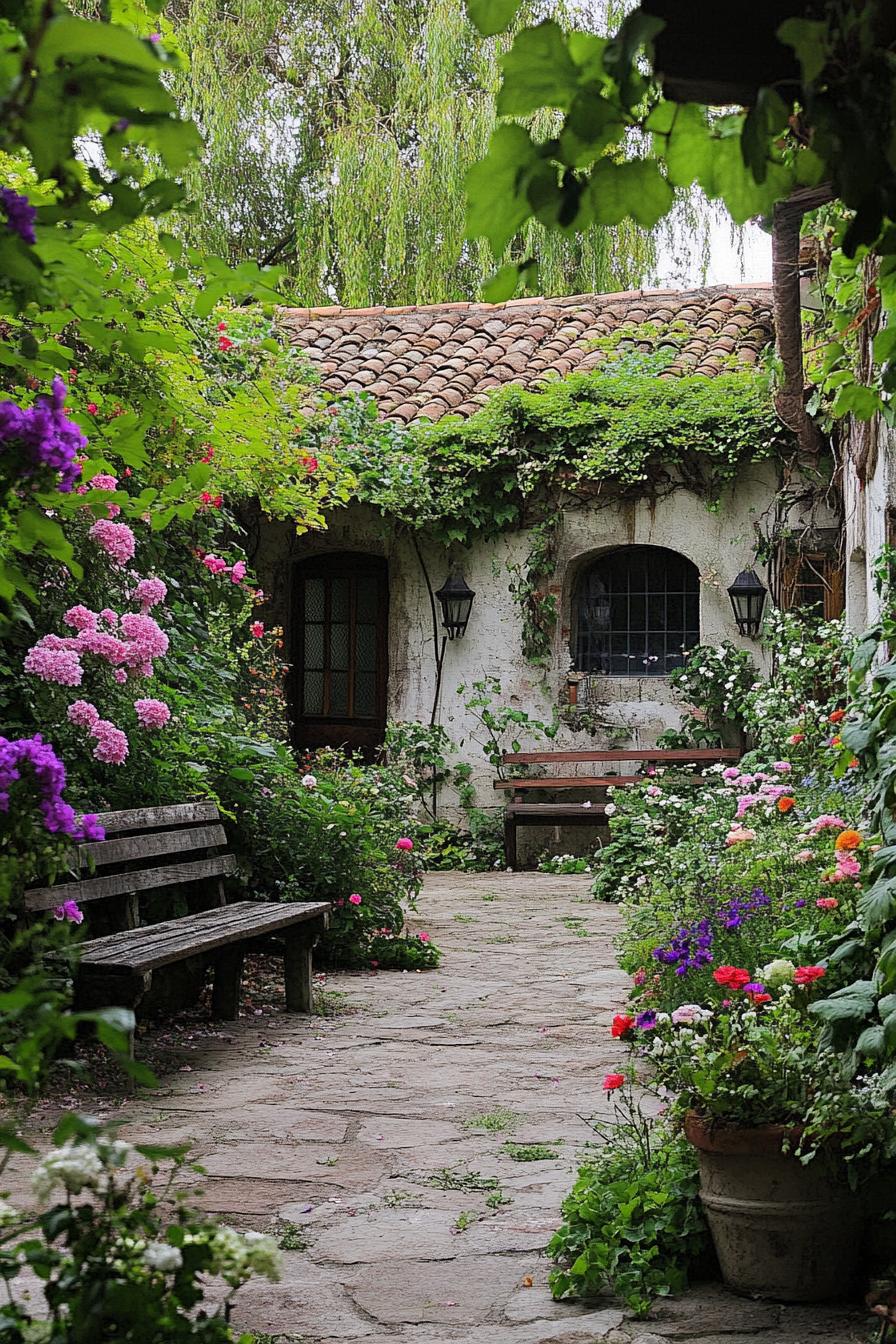 rustic country courtyard garden with rustic benches native flowers climber flowers on building walls stone path 3