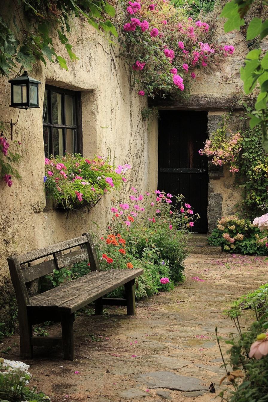 rustic country courtyard garden with rustic benches native flowers climber flowers on building walls stone path