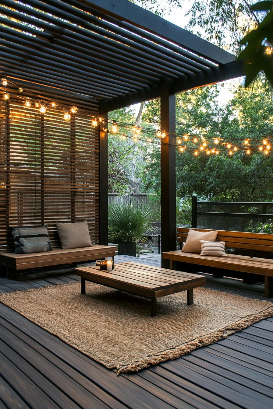 slatted siding house patio with wooden deck wood stain benches with cushions low table area rug string lights 1